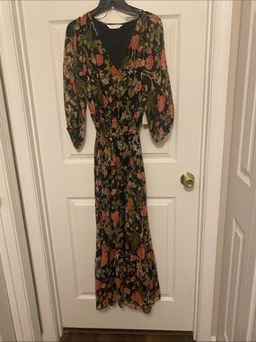 LC Lauren Conrad Black Floral Maxi Dress with Coral and Olive Accents